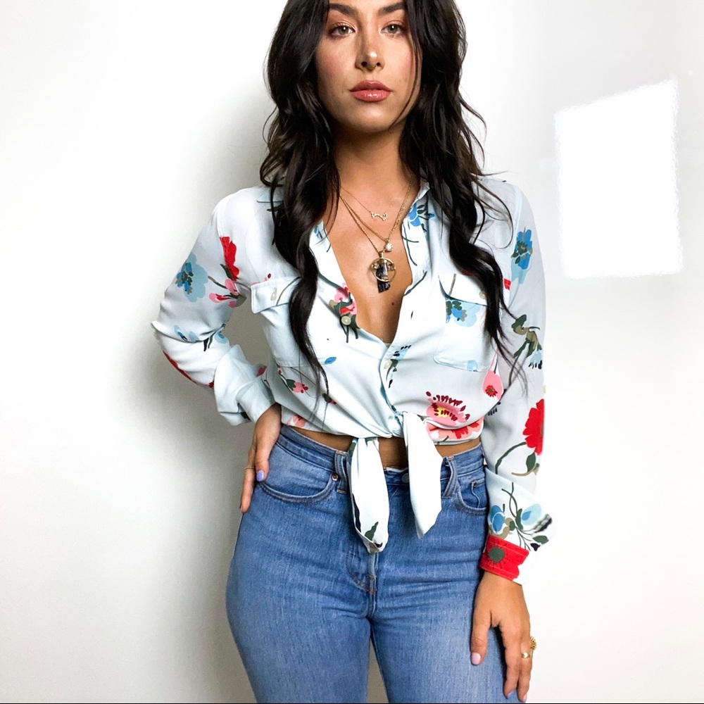 LOFT Light Blue Floral Button-Down Long Sleeve Top